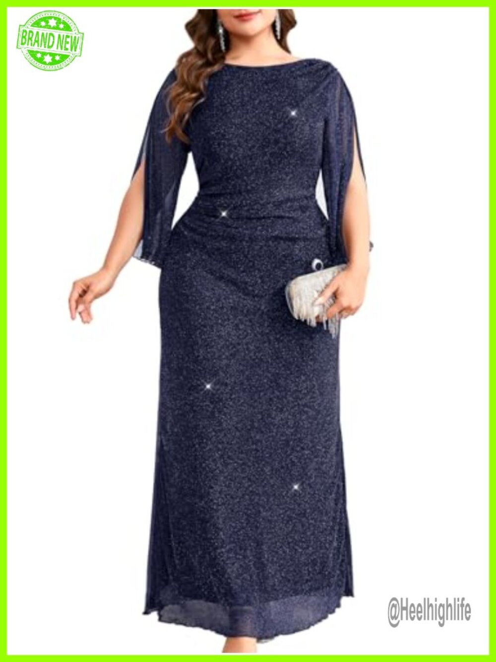 Plus Size Sparkly Evening Dress Petal Sleeve V-Back Ruched Maxi Gown